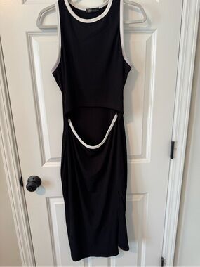 Black Cutout Tank Midi Dress with White Trim
